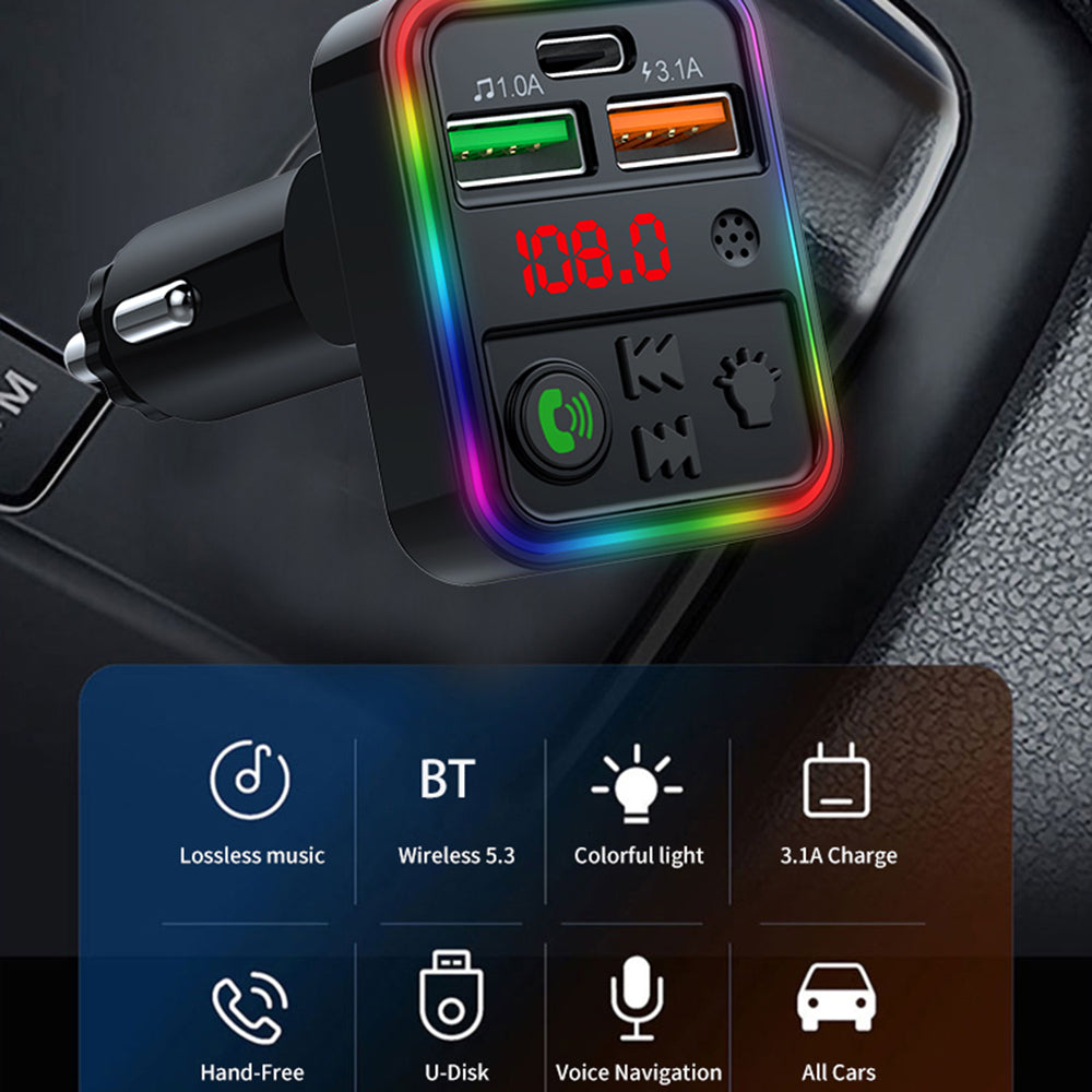 P18 Cigarette Lighter Bluetooth Car MP3 Music Player Hands-Free Calling Car Audio Device with 2USB, Type-C Port