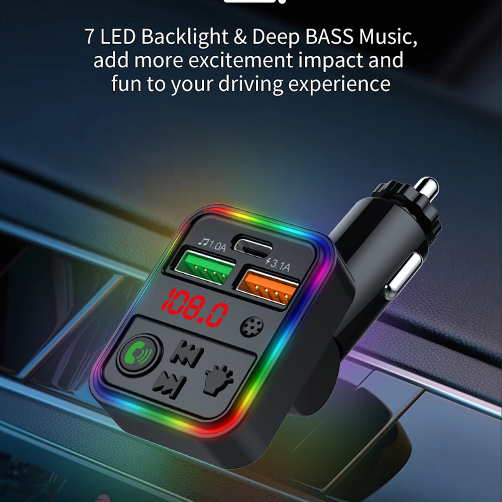 P18 Cigarette Lighter Bluetooth Car MP3 Music Player Hands-Free Calling Car Audio Device with 2USB, Type-C Port