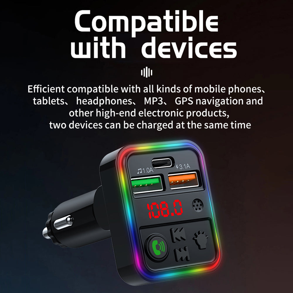 P18 Cigarette Lighter Bluetooth Car MP3 Music Player Hands-Free Calling Car Audio Device with 2USB, Type-C Port