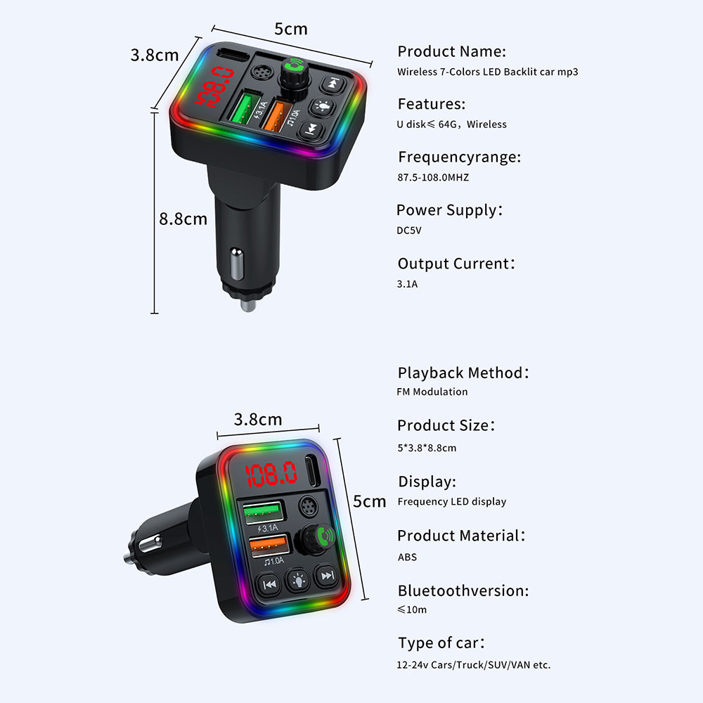P19 Wireless 7-Colors LED Backlit Car MP3 Hands-Free Bluetooth Calling Car Audio Charger Support U Disk
