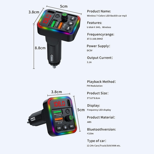 P19 Wireless 7-Colors LED Backlit Car MP3 Hands-Free Bluetooth Calling Car Audio Charger Support U Disk