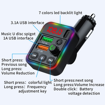 P19 Wireless 7-Colors LED Backlit Car MP3 Hands-Free Bluetooth Calling Car Audio Charger Support U Disk