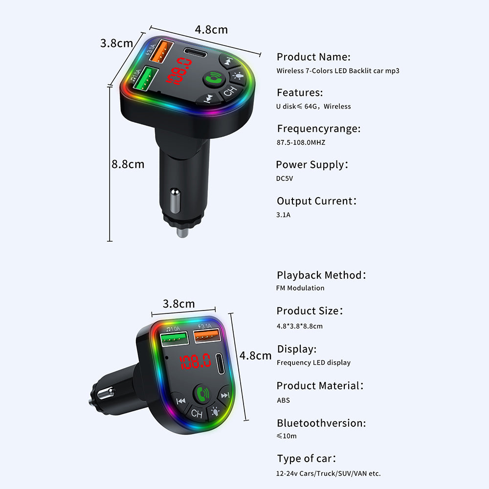 P20 Car Bluetooth Hands-Free Calling Car MP3 Audio Digital Display USB Car Charger with Dual USB Ports