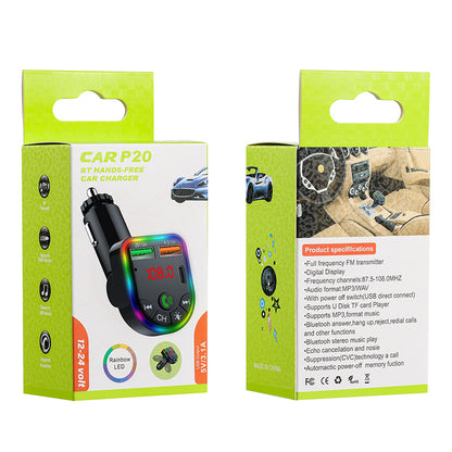 P20 Car Bluetooth Hands-Free Calling Car MP3 Audio Digital Display USB Car Charger with Dual USB Ports