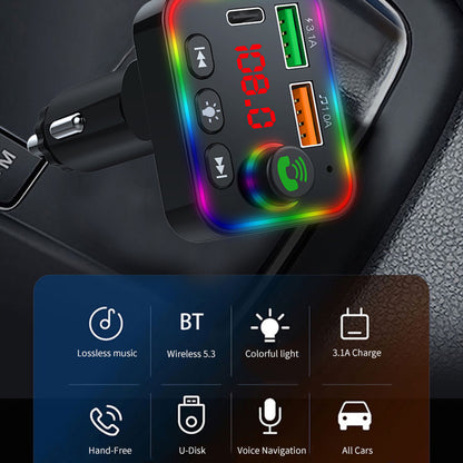 P4 Ambient Light Car MP3 Player FM Transmitter PD Fast Charger+3.1A Car Charger Support Bluetooth Hands-free Calling, U Disk