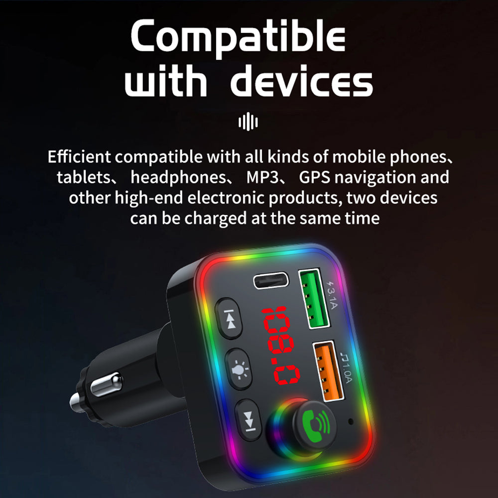 P4 Ambient Light Car MP3 Player FM Transmitter PD Fast Charger+3.1A Car Charger Support Bluetooth Hands-free Calling, U Disk