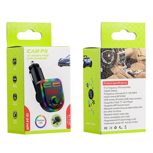 P6 Colorful Ambient Lights Car Charger Smart Bluetooth Calling Car Wireless MP3 Audio Device