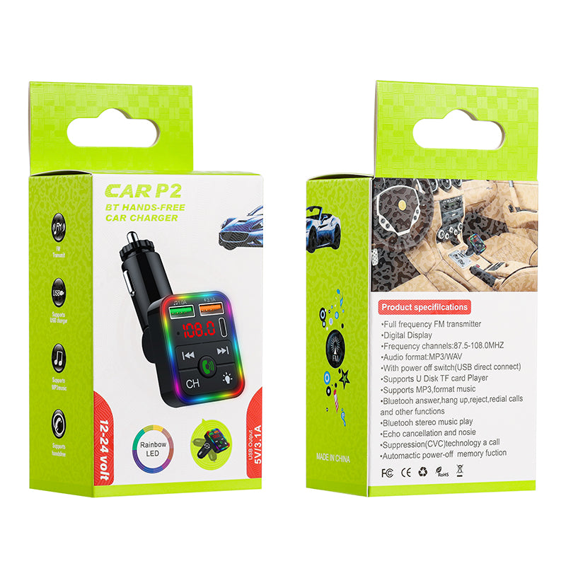 P2 Car Player Charger Dual USB Port Cigarette Lighter Car Charger Support Bluetooth Hands Free Calling