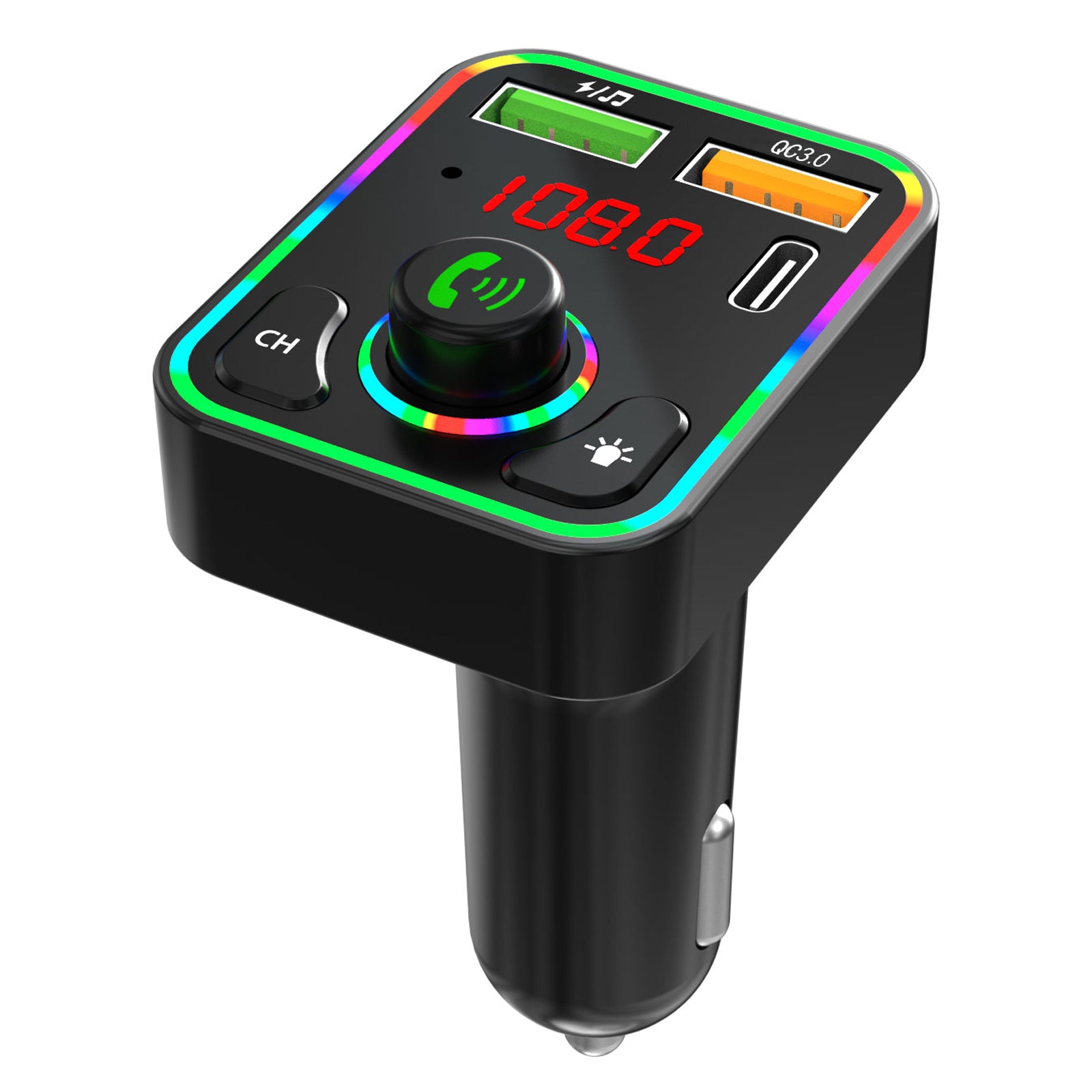 PDF3 PD / QC3.0 Fast Car Charger 7-Color Lights Hands-Free Bluetooth Calling MP3 Wireless Player