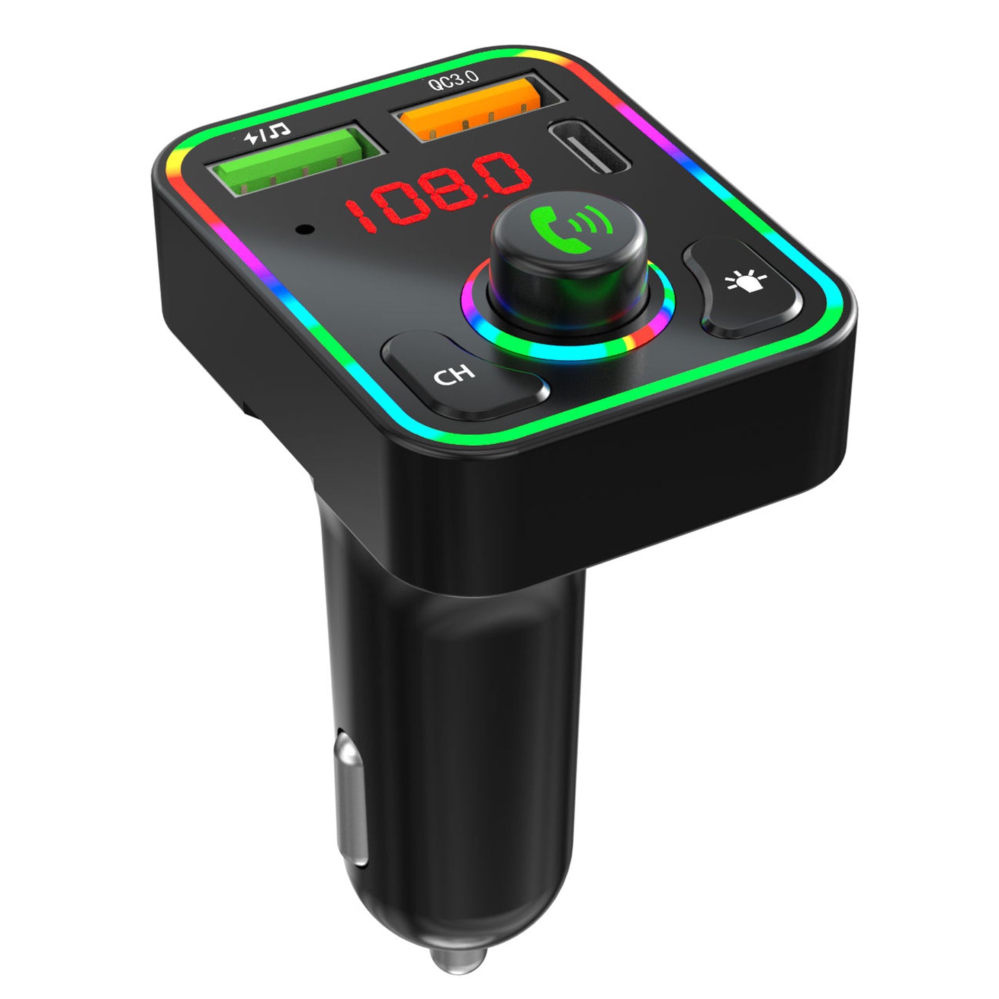 PDF3 PD / QC3.0 Fast Car Charger 7-Color Lights Hands-Free Bluetooth Calling MP3 Wireless Player