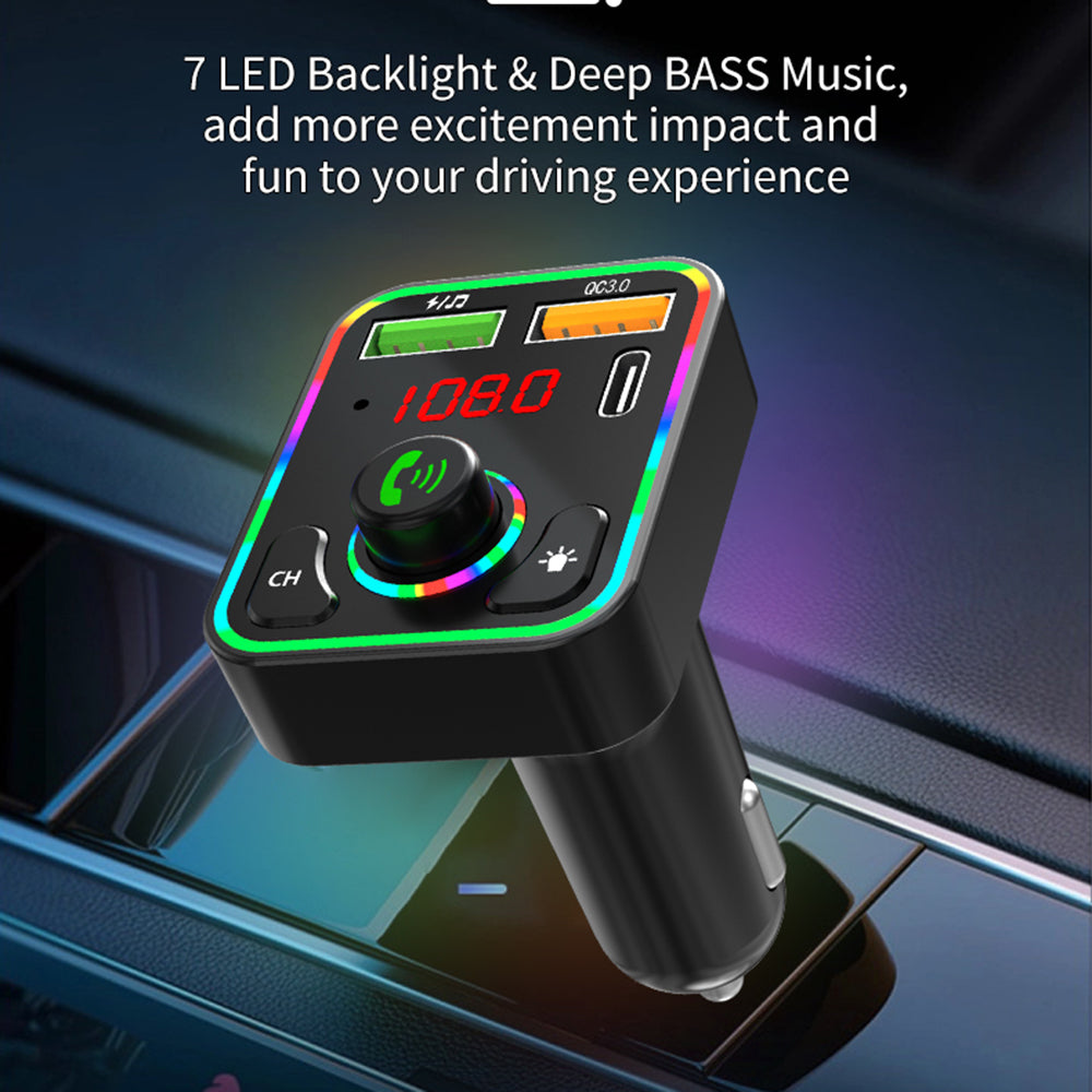PDF3 PD / QC3.0 Fast Car Charger 7-Color Lights Hands-Free Bluetooth Calling MP3 Wireless Player