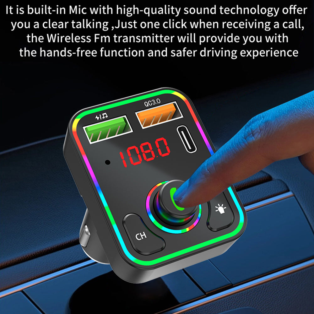 PDF3 PD / QC3.0 Fast Car Charger 7-Color Lights Hands-Free Bluetooth Calling MP3 Wireless Player