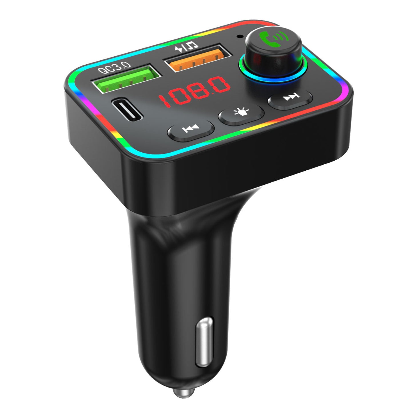PDF4 Bluetooth 5.3 FM Transmitter 7-Color Led Lights MP3 Player PD 25W Fast Car Charger with Hands-Free Calls