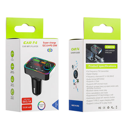 PDF4 Bluetooth 5.3 FM Transmitter 7-Color Led Lights MP3 Player PD 25W Fast Car Charger with Hands-Free Calls