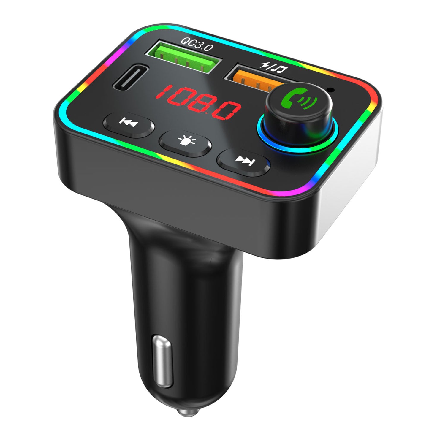 PDF4 Bluetooth 5.3 FM Transmitter 7-Color Led Lights MP3 Player PD 25W Fast Car Charger with Hands-Free Calls