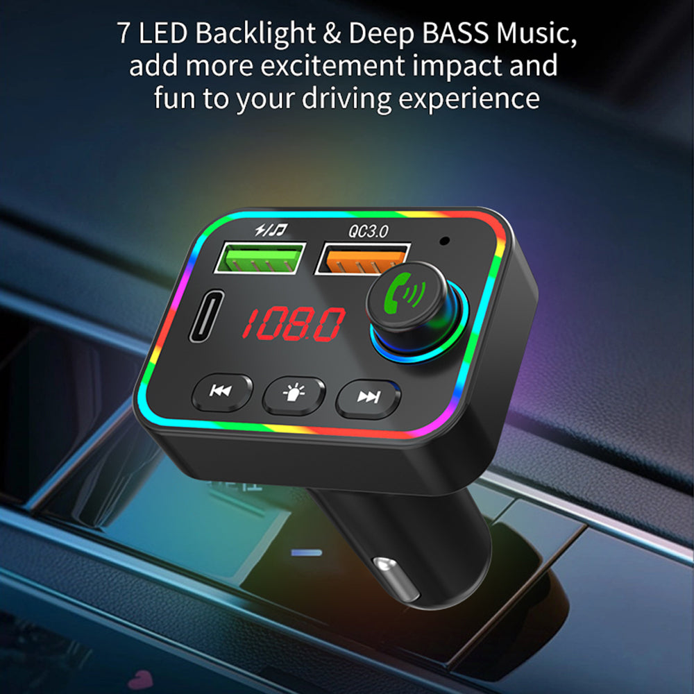 PDF4 Bluetooth 5.3 FM Transmitter 7-Color Led Lights MP3 Player PD 25W Fast Car Charger with Hands-Free Calls