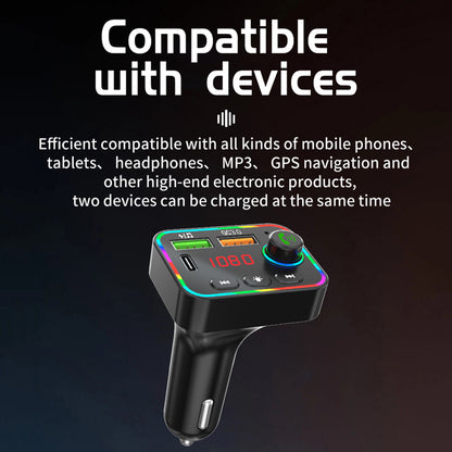 PDF4 Bluetooth 5.3 FM Transmitter 7-Color Led Lights MP3 Player PD 25W Fast Car Charger with Hands-Free Calls