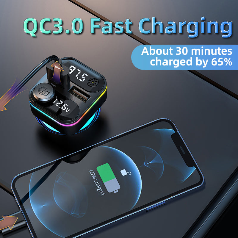 C37 Bluetooth FM Transmitter for Car QC3.0 20W Fast Charger LED Backlit Atmosphere Light MP3 Player