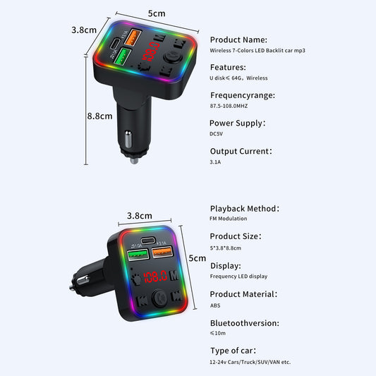 P22 Bluetooth FM Transmitter in-Car Adapter Support MP3 Player with USB Port and PD Car Charger