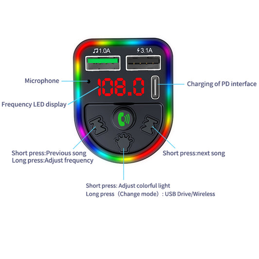 F21 Bluetooth Car Adapter Handsfree Call FM Transmitter HiFi Sound MP3 Music Player PD + USB Car Charger