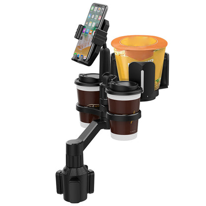 D04 Car Cup Holder Phone Mount with 2 Coffee Cup, Adjustable Snack Cup Rotating Cell Phone Car Mount Holder