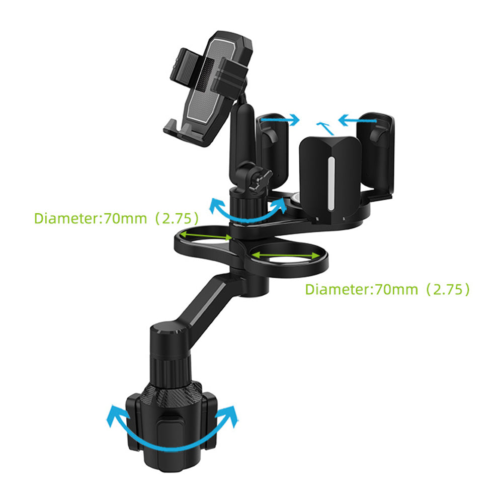 D04 Car Cup Holder Phone Mount with 2 Coffee Cup, Adjustable Snack Cup Rotating Cell Phone Car Mount Holder