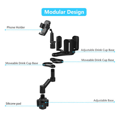 D04 Car Cup Holder Phone Mount with 2 Coffee Cup, Adjustable Snack Cup Rotating Cell Phone Car Mount Holder