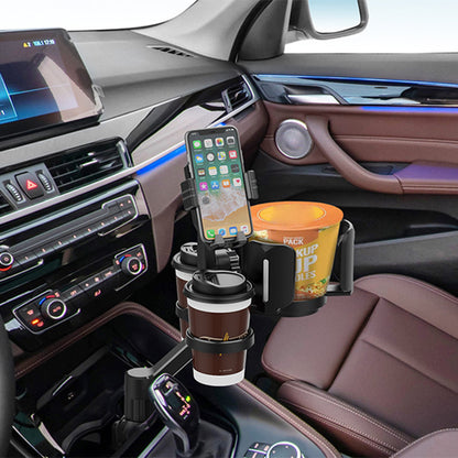 D04 Car Cup Holder Phone Mount with 2 Coffee Cup, Adjustable Snack Cup Rotating Cell Phone Car Mount Holder