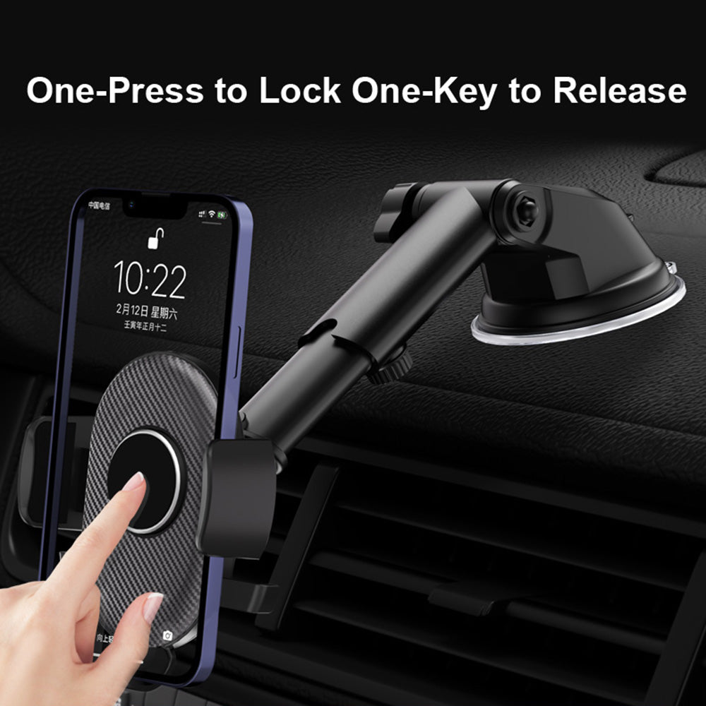 D40+105+K5 For Windshield / Dashboard Carbon Fiber Texture Car Suction Cup Telescopic Arm Phone Holder with Air Vent Clip