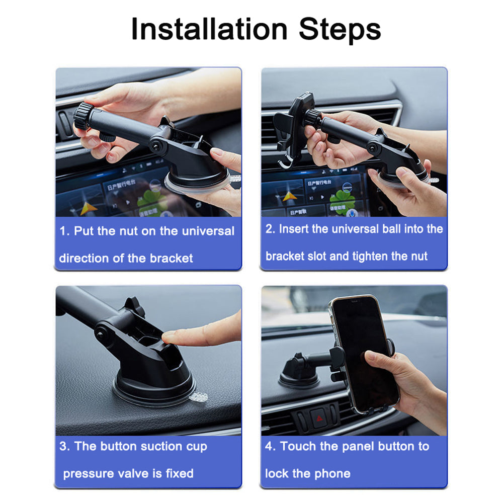 D40+105+K5 For Windshield / Dashboard Carbon Fiber Texture Car Suction Cup Telescopic Arm Phone Holder with Air Vent Clip