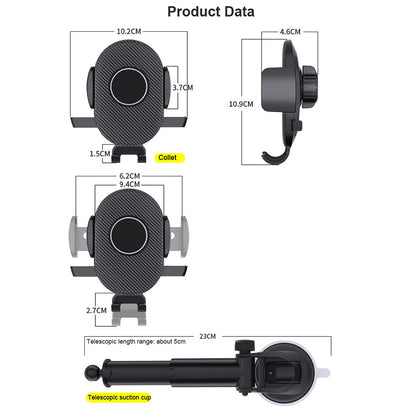 D40+105+K5 For Windshield / Dashboard Carbon Fiber Texture Car Suction Cup Telescopic Arm Phone Holder with Air Vent Clip