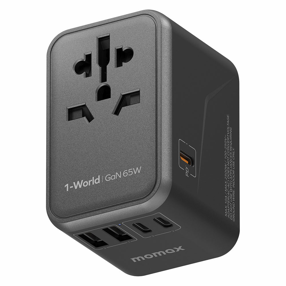 MOMAX 1-World 65W GaN PD Fast Charging Adapter Global Travel 5 Ports + AC Power Socket