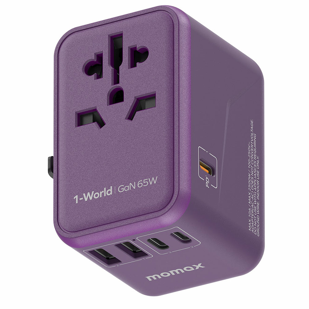 MOMAX 1-World 65W GaN PD Fast Charging Adapter Global Travel 5 Ports + AC Power Socket