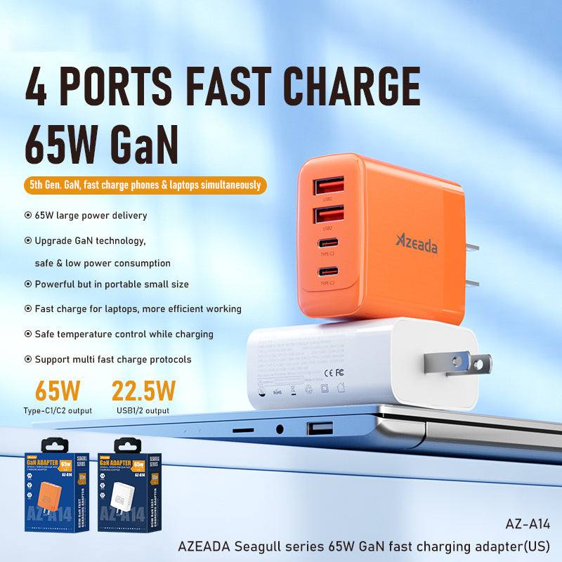 AZEADA 65W Fast Charging Adapter 2 Type-C + 2 USB Portable GaN Wall Charger
