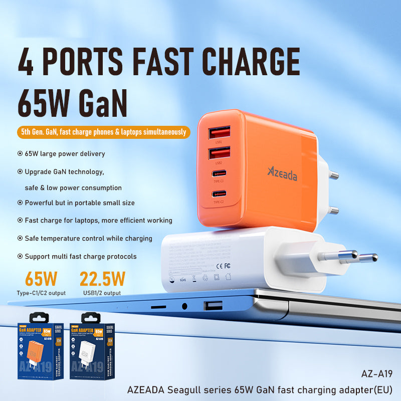 AZEADA 65W Fast Charging Adapter 2 Type-C + 2 USB Portable GaN Wall Charger
