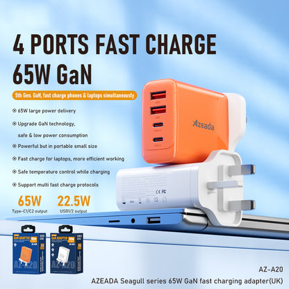 AZEADA 65W Fast Charging Adapter 2 Type-C + 2 USB Portable GaN Wall Charger