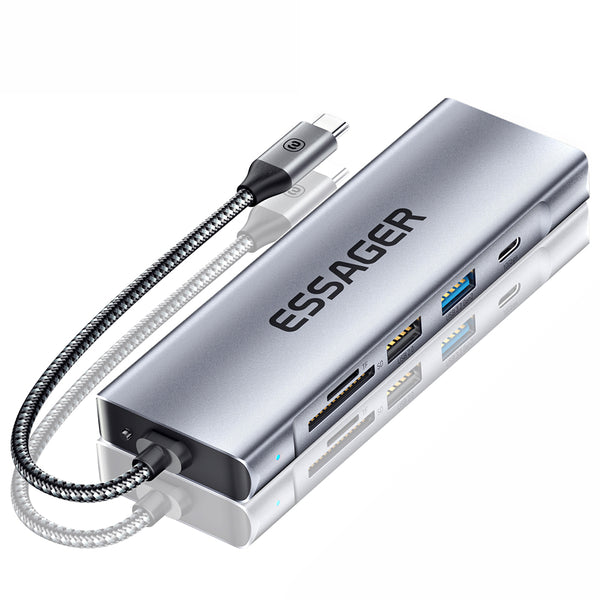 ESSAGER 8-In-1 Type-C Hub to HD 4K Output, PD 100W Port, 10Gbps Type-C, USB 3.2, USB 2.0, 2 Card Reader Slots and SSD Slot