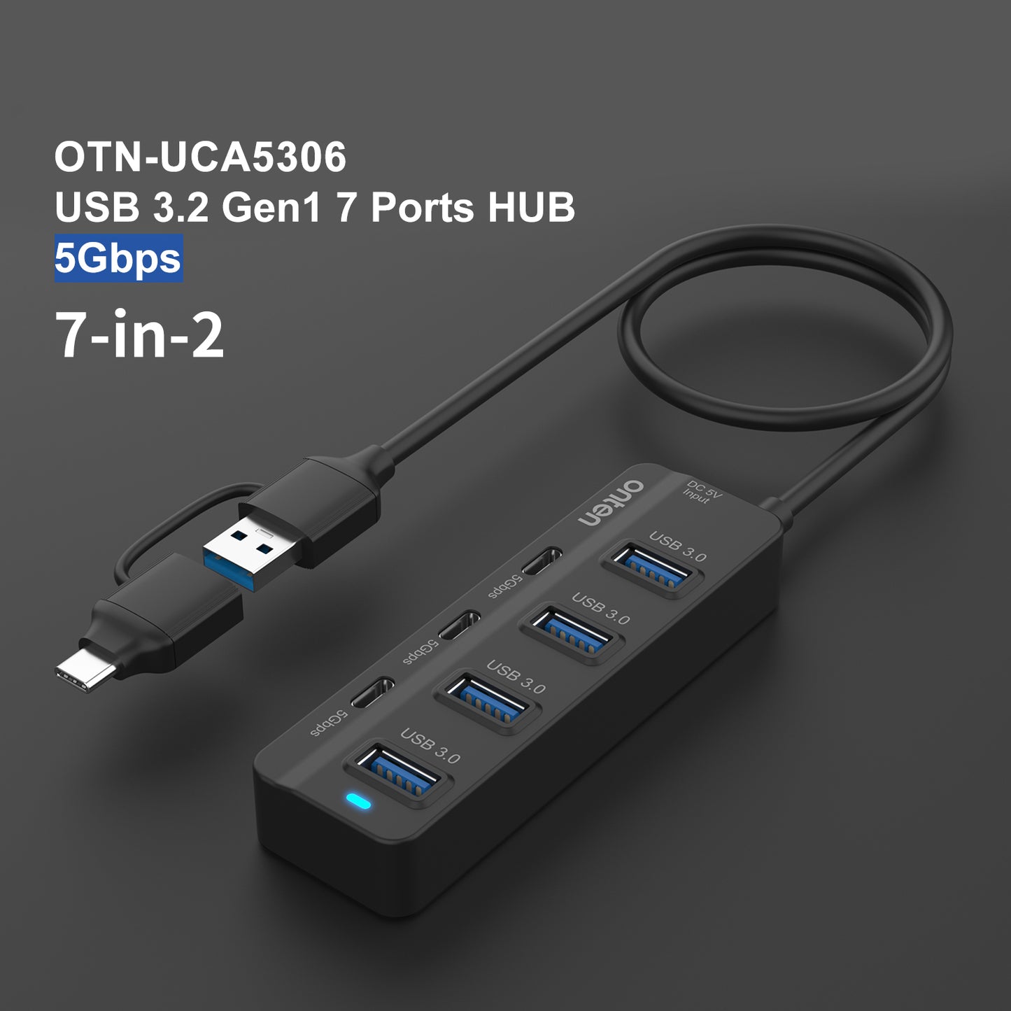 ONTEN UCA5306 7-in-2 USB / Type-C HUB Adapter 4 USB 3.0 + 3 USB-C Docking Station 5Gbps Data Converter