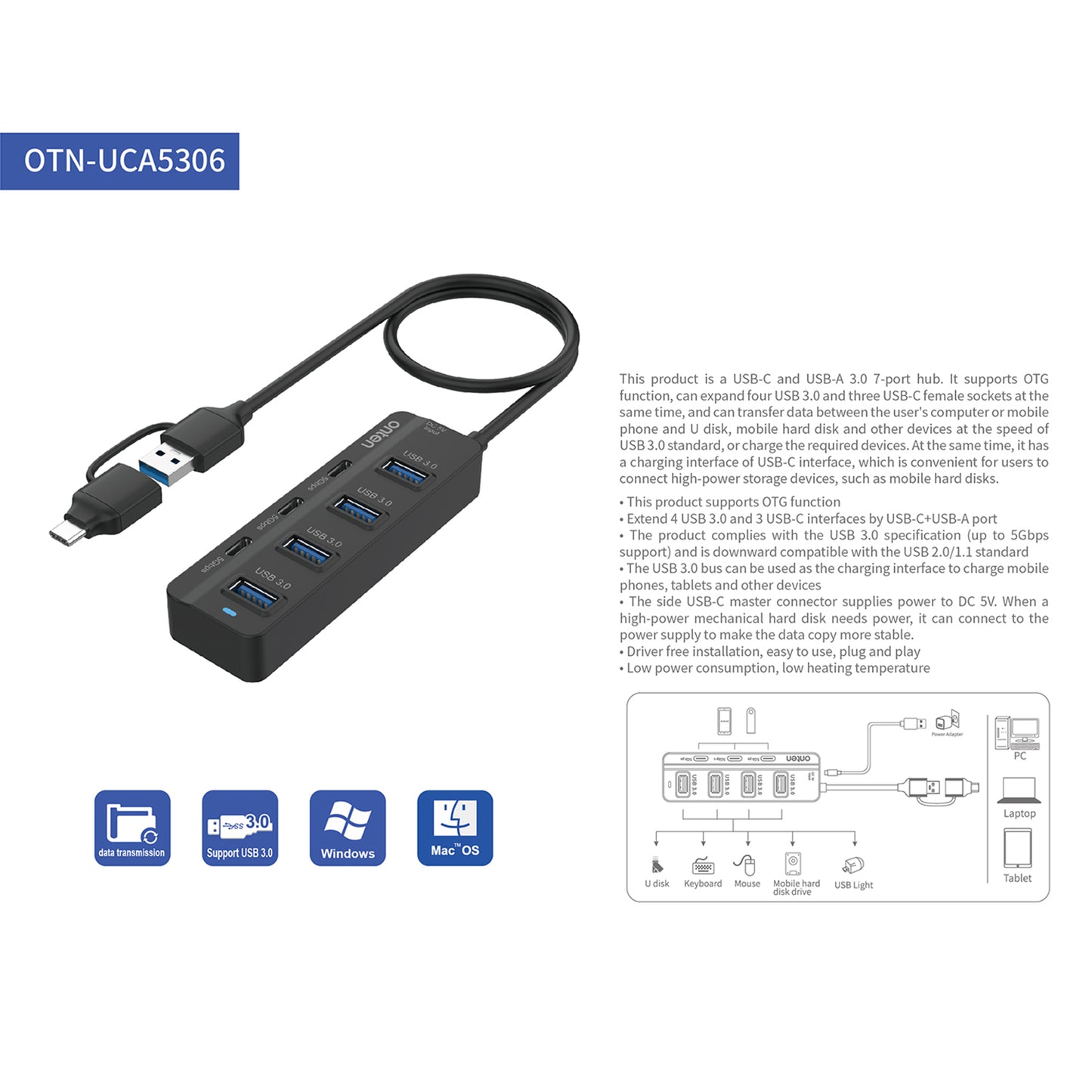ONTEN UCA5306 7-in-2 USB / Type-C HUB Adapter 4 USB 3.0 + 3 USB-C Docking Station 5Gbps Data Converter