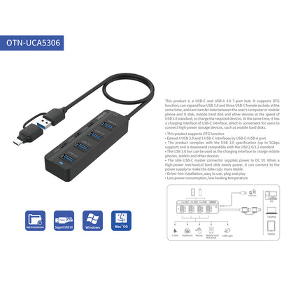 ONTEN UCA5306 7-in-2 USB / Type-C HUB Adapter 4 USB 3.0 + 3 USB-C Docking Station 5Gbps Data Converter