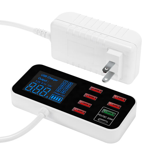 A9D+ Digital Display 7 USB + 1 Type-C Desktop Charger PC+ABS QC3.0 + PD Phone Fast Charging Station (CE Certified)