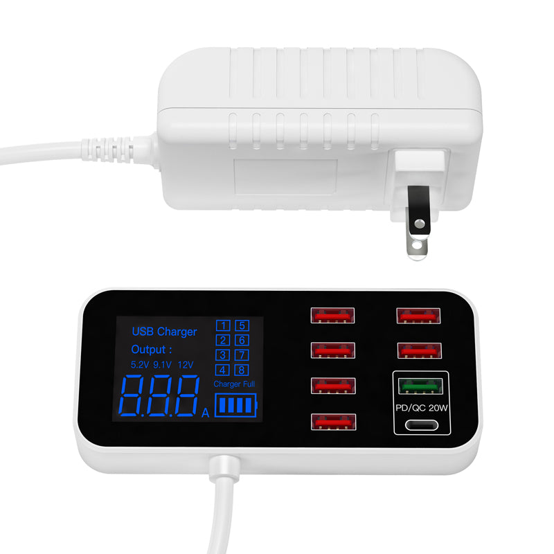 A9D+ Digital Display 7 USB + 1 Type-C Desktop Charger PC+ABS QC3.0 + PD Phone Fast Charging Station (CE Certified)