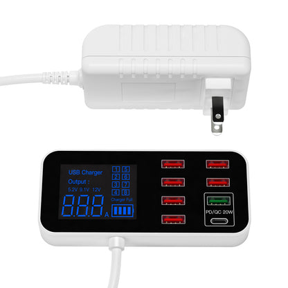 A9D+ Digital Display 7 USB + 1 Type-C Desktop Charger PC+ABS QC3.0 + PD Phone Fast Charging Station (CE Certified)