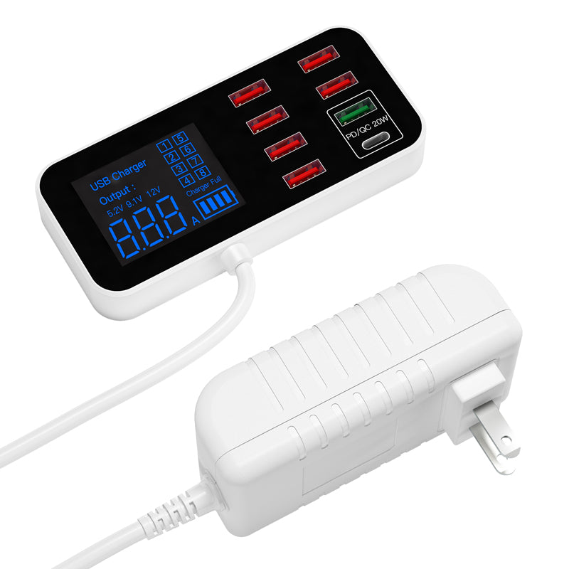 A9D+ Digital Display 7 USB + 1 Type-C Desktop Charger PC+ABS QC3.0 + PD Phone Fast Charging Station (CE Certified)