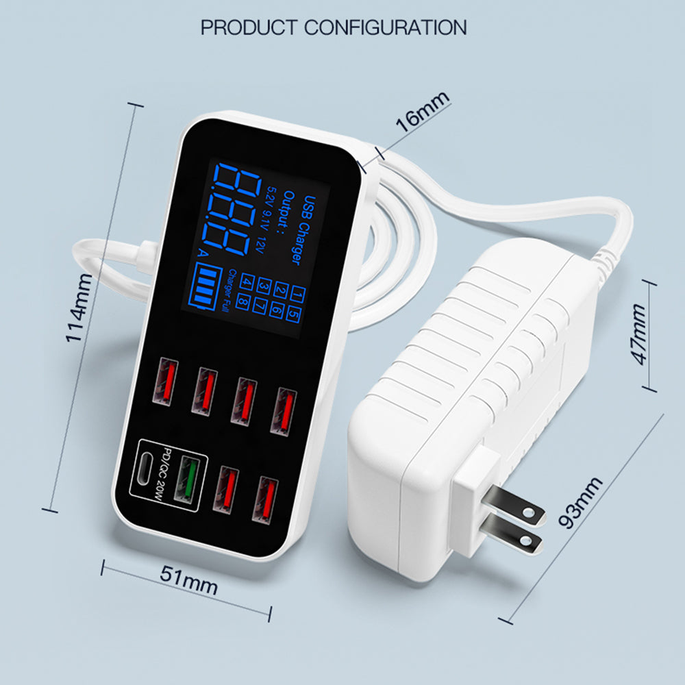A9D+ Digital Display 7 USB + 1 Type-C Desktop Charger PC+ABS QC3.0 + PD Phone Fast Charging Station (CE Certified)