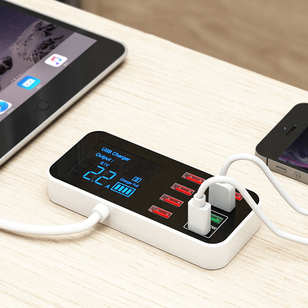 A9D+ Digital Display 7 USB + 1 Type-C Desktop Charger PC+ABS QC3.0 + PD Phone Fast Charging Station (CE Certified)