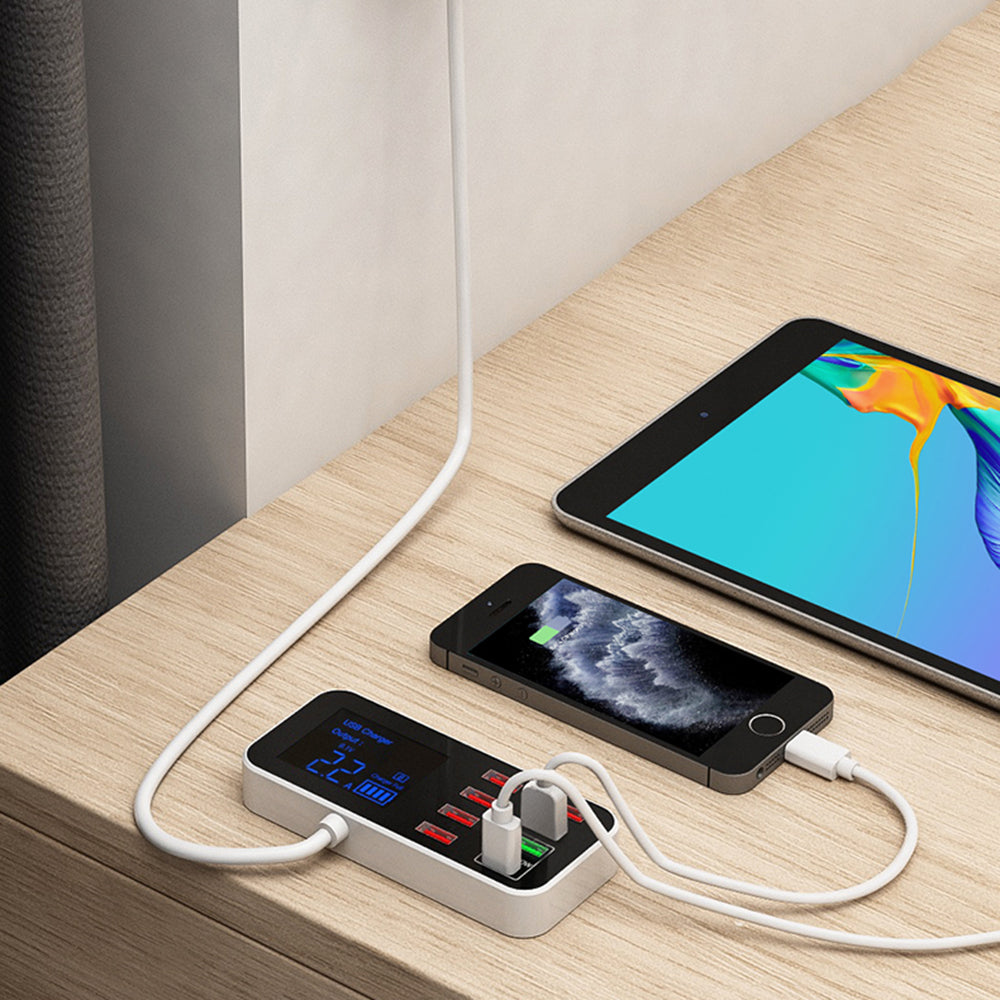 A9D+ Digital Display 7 USB + 1 Type-C Desktop Charger PC+ABS QC3.0 + PD Phone Fast Charging Station (CE Certified)