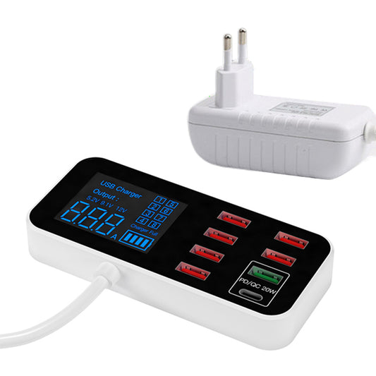 A9D+ Digital Display 7 USB + 1 Type-C Desktop Charger PC+ABS QC3.0 + PD Phone Fast Charging Station (CE Certified)
