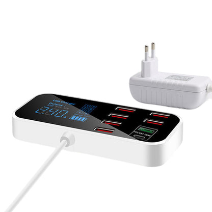 A9D+ Digital Display 7 USB + 1 Type-C Desktop Charger PC+ABS QC3.0 + PD Phone Fast Charging Station (CE Certified)