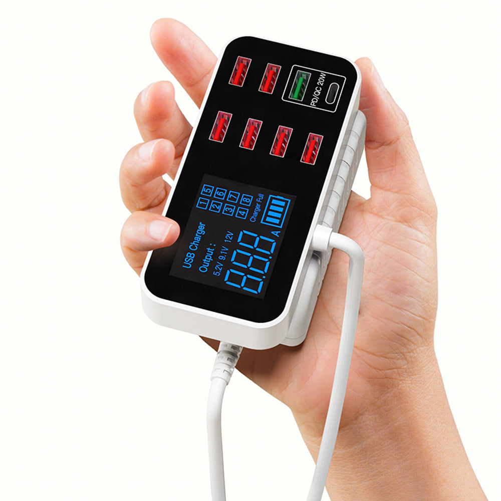 A9D+ Digital Display 7 USB + 1 Type-C Desktop Charger PC+ABS QC3.0 + PD Phone Fast Charging Station (CE Certified)